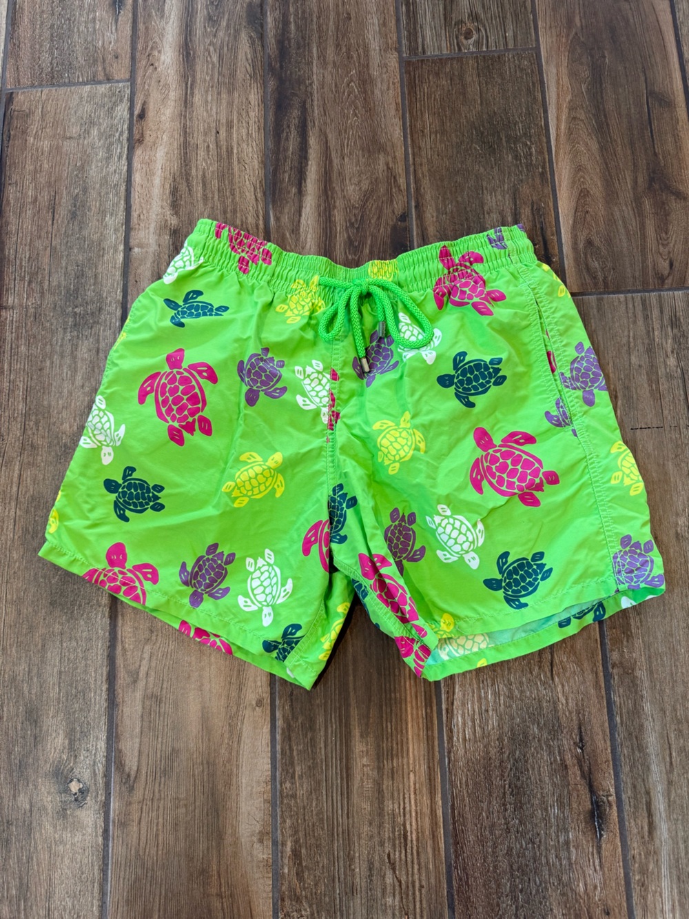 Vilebrequin Neon Green Swim Trunks with Multicolor Turtle Print